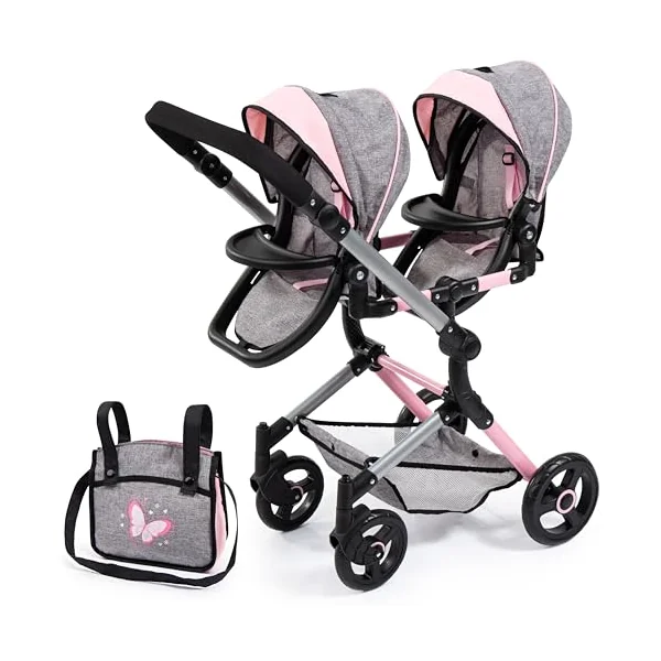 Bayer Twin Dolls Double Pram - Foldable Dolls Double Buggy, Twin Stroller | Tandem Pushchair with Adjustable Seats & Handle Height for Girls, 3-5, 6, 7 Years, Baby Doll Pram with Basket & Changing Bag