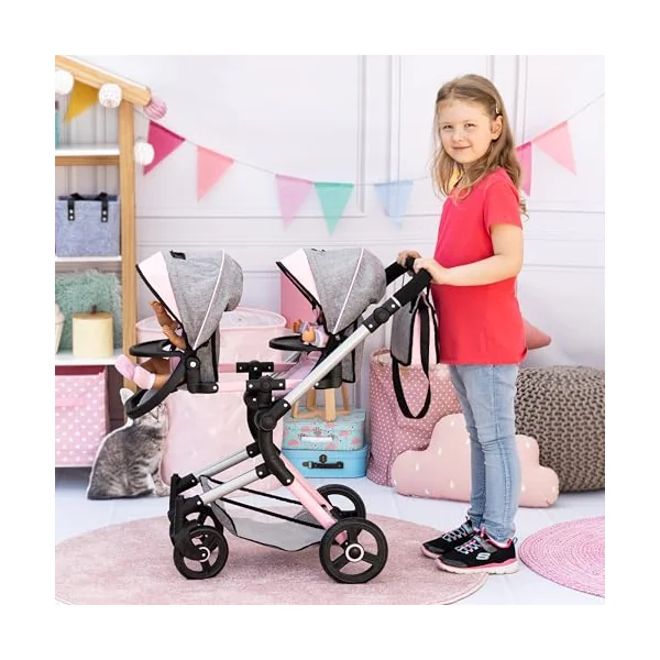 Bayer Twin Dolls Double Pram - Foldable Dolls Double Buggy, Twin Stroller | Tandem Pushchair with Adjustable Seats & Handle Height for Girls, 3-5, 6, 7 Years, Baby Doll Pram with Basket & Changing Bag