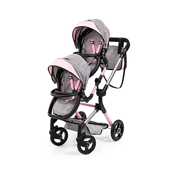 Bayer Twin Dolls Double Pram - Foldable Dolls Double Buggy, Twin Stroller | Tandem Pushchair with Adjustable Seats & Handle Height for Girls, 3-5, 6, 7 Years, Baby Doll Pram with Basket & Changing Bag