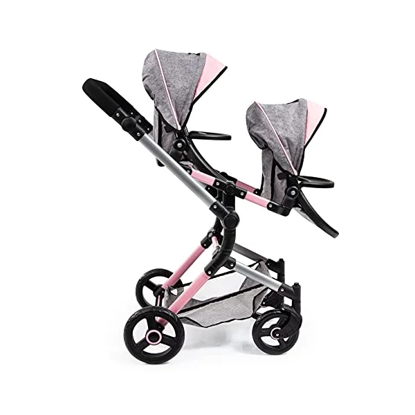 Bayer Twin Dolls Double Pram - Foldable Dolls Double Buggy, Twin Stroller | Tandem Pushchair with Adjustable Seats & Handle Height for Girls, 3-5, 6, 7 Years, Baby Doll Pram with Basket & Changing Bag
