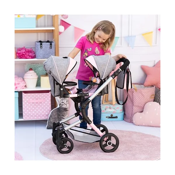 Bayer Twin Dolls Double Pram - Foldable Dolls Double Buggy, Twin Stroller | Tandem Pushchair with Adjustable Seats & Handle Height for Girls, 3-5, 6, 7 Years, Baby Doll Pram with Basket & Changing Bag