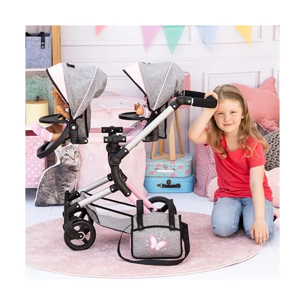 Bayer Twin Dolls Double Pram - Foldable Dolls Double Buggy, Twin Stroller | Tandem Pushchair with Adjustable Seats & Handle Height for Girls, 3-5, 6, 7 Years, Baby Doll Pram with Basket & Changing Bag