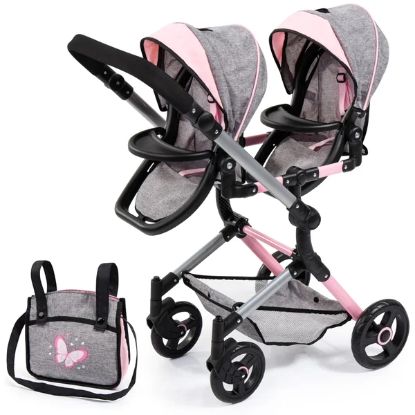 Bayer Twin Dolls Double Pram - Foldable Dolls Double Buggy, Twin Stroller | Tandem Pushchair with Adjustable Seats & Handle Height for Girls, 3-5, 6, 7 Years, Baby Doll Pram with Basket & Changing Bag