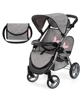 Bayer Twin Dolls Pram - Foldable Double Buggy Pushchair for 46cm Dolls | Twin Stroller with Changing Bag & Basket, Adjustable Handle Height for Girls 3-5, 6, 7, Baby Doll Pram for 3 + Years Old