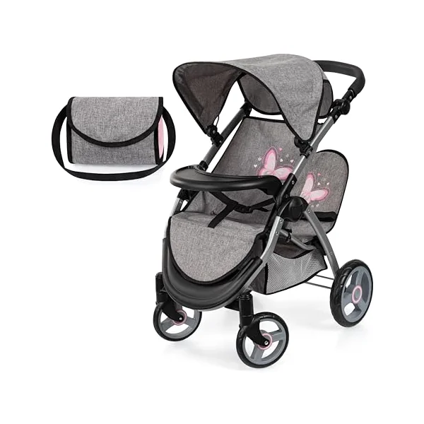 Bayer Twin Dolls Pram - Foldable Double Buggy Pushchair for 46cm Dolls | Twin Stroller with Changing Bag & Basket, Adjustable Handle Height for Girls 3-5, 6, 7, Baby Doll Pram for 3 + Years Old