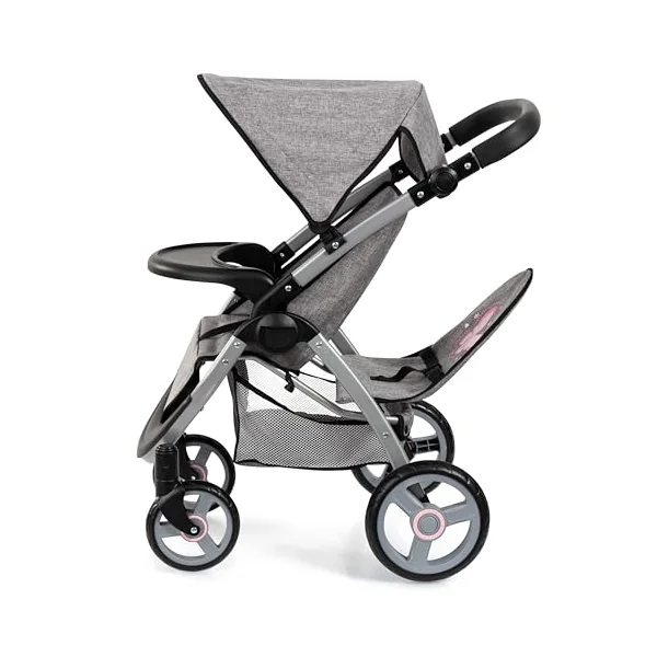 Bayer Twin Dolls Pram - Foldable Double Buggy Pushchair for 46cm Dolls | Twin Stroller with Changing Bag & Basket, Adjustable Handle Height for Girls 3-5, 6, 7, Baby Doll Pram for 3 + Years Old
