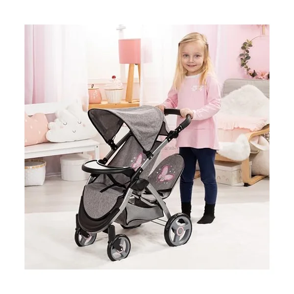 Bayer Twin Dolls Pram - Foldable Double Buggy Pushchair for 46cm Dolls | Twin Stroller with Changing Bag & Basket, Adjustable Handle Height for Girls 3-5, 6, 7, Baby Doll Pram for 3 + Years Old