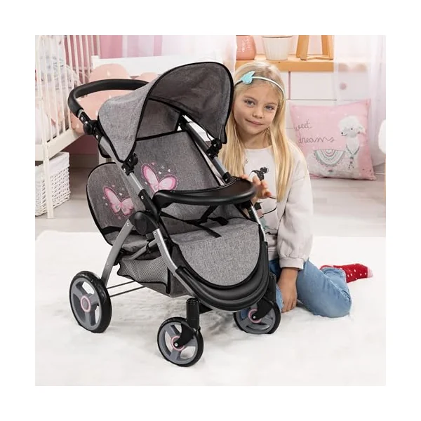Bayer Twin Dolls Pram - Foldable Double Buggy Pushchair for 46cm Dolls | Twin Stroller with Changing Bag & Basket, Adjustable Handle Height for Girls 3-5, 6, 7, Baby Doll Pram for 3 + Years Old