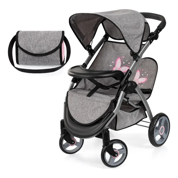 Bayer Twin Dolls Pram - Foldable Double Buggy Pushchair for 46cm Dolls | Twin Stroller with Changing Bag & Basket, Adjustable Handle Height for Girls 3-5, 6, 7, Baby Doll Pram for 3 + Years Old
