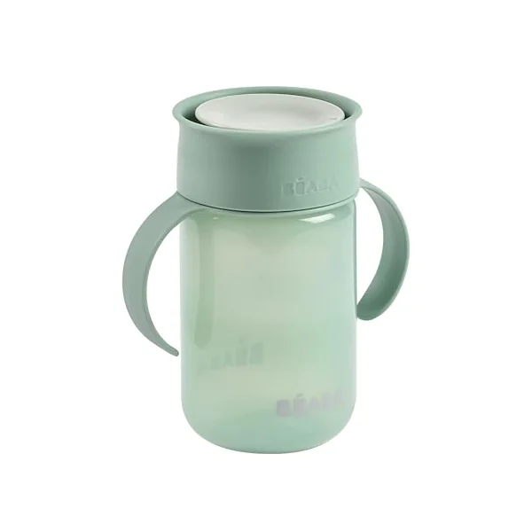 BEABA, 360° Sippy Cup with Anti-Drip Disc, Patented Anti-Leak System Weaning Cup, from 12 Months, Removable Handles, Hygienic Lid, Fast Learning, Strong, Light, 340 ml, Sage Green