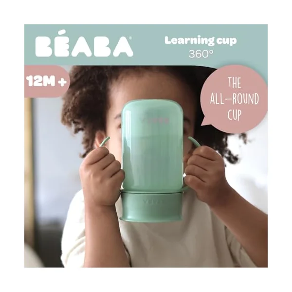 BEABA, 360° Sippy Cup with Anti-Drip Disc, Patented Anti-Leak System Weaning Cup, from 12 Months, Removable Handles, Hygienic Lid, Fast Learning, Strong, Light, 340 ml, Sage Green