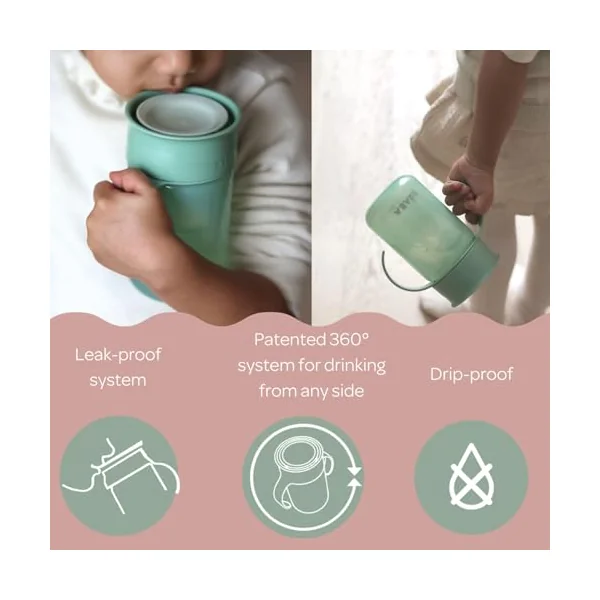 BEABA, 360° Sippy Cup with Anti-Drip Disc, Patented Anti-Leak System Weaning Cup, from 12 Months, Removable Handles, Hygienic Lid, Fast Learning, Strong, Light, 340 ml, Sage Green