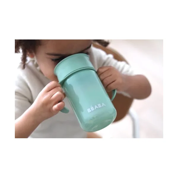 BEABA, 360° Sippy Cup with Anti-Drip Disc, Patented Anti-Leak System Weaning Cup, from 12 Months, Removable Handles, Hygienic Lid, Fast Learning, Strong, Light, 340 ml, Sage Green