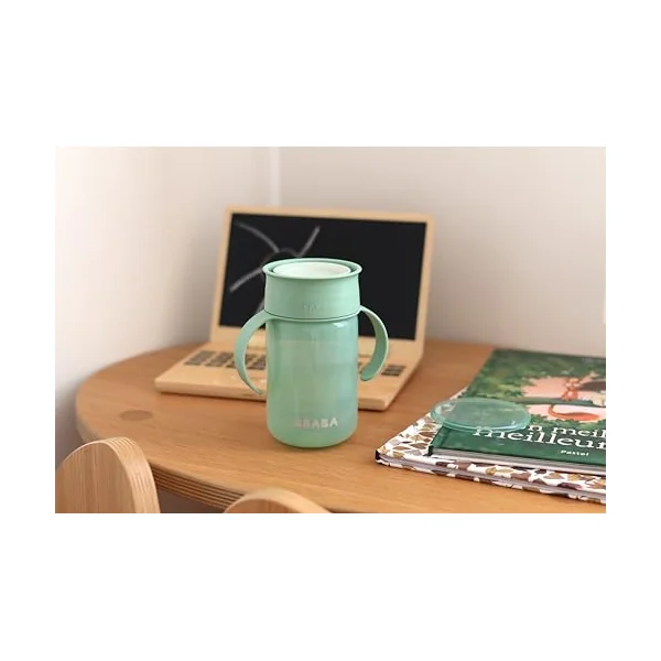 BEABA, 360° Sippy Cup with Anti-Drip Disc, Patented Anti-Leak System Weaning Cup, from 12 Months, Removable Handles, Hygienic Lid, Fast Learning, Strong, Light, 340 ml, Sage Green