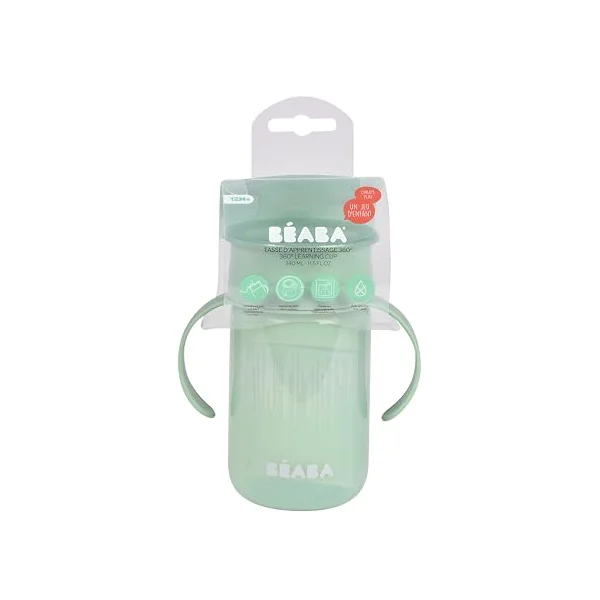 BEABA, 360° Sippy Cup with Anti-Drip Disc, Patented Anti-Leak System Weaning Cup, from 12 Months, Removable Handles, Hygienic Lid, Fast Learning, Strong, Light, 340 ml, Sage Green
