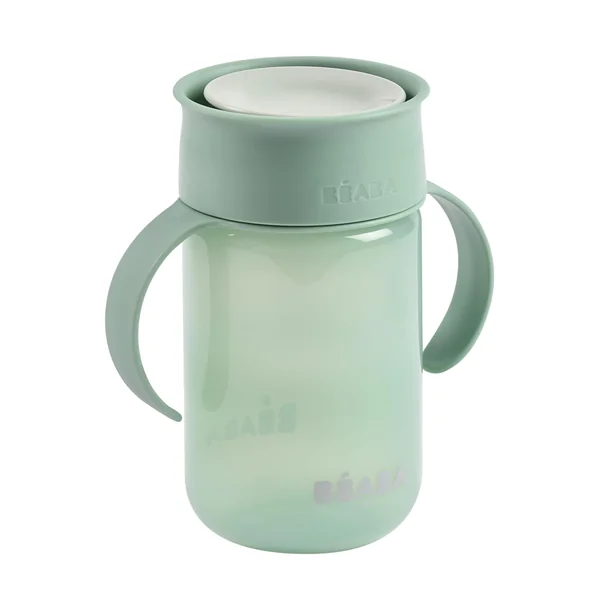 BEABA, 360° Sippy Cup with Anti-Drip Disc, Patented Anti-Leak System Weaning Cup, from 12 Months, Removable Handles, Hygienic Lid, Fast Learning, Strong, Light, 340 ml, Sage Green