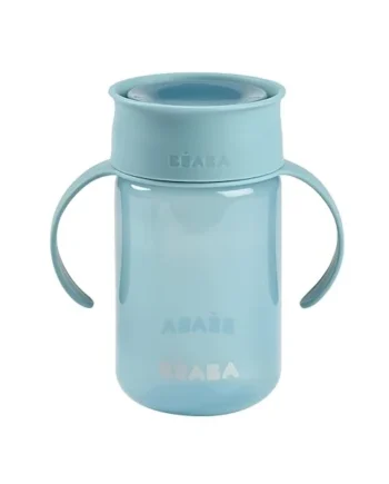 BEABA, 360° Training Cup with Anti-Drip Disc, Patented Anti-Leak System, from 12 Months, Removable Handles, with Hygienic Lid, Strong and Light, 340 ml, Blue