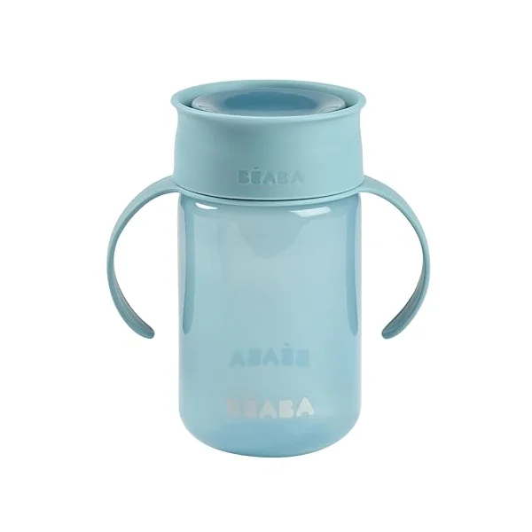 BEABA, 360° Training Cup with Anti-Drip Disc, Patented Anti-Leak System, from 12 Months, Removable Handles, with Hygienic Lid, Strong and Light, 340 ml, Blue