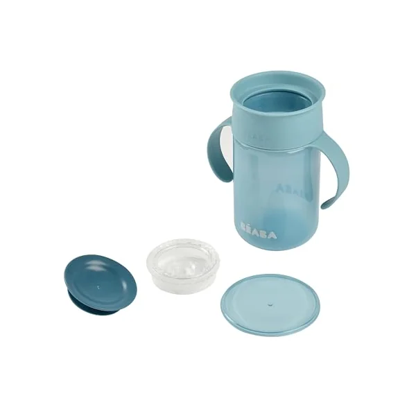 BEABA, 360° Training Cup with Anti-Drip Disc, Patented Anti-Leak System, from 12 Months, Removable Handles, with Hygienic Lid, Strong and Light, 340 ml, Blue