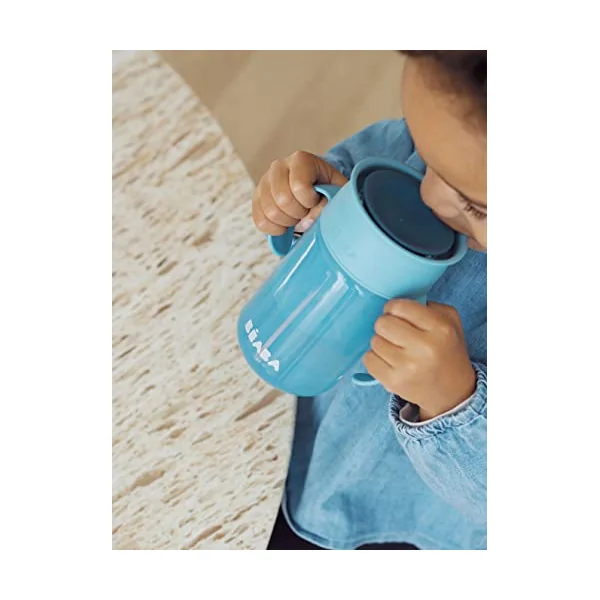 BEABA, 360° Training Cup with Anti-Drip Disc, Patented Anti-Leak System, from 12 Months, Removable Handles, with Hygienic Lid, Strong and Light, 340 ml, Blue