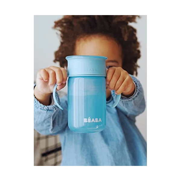 BEABA, 360° Training Cup with Anti-Drip Disc, Patented Anti-Leak System, from 12 Months, Removable Handles, with Hygienic Lid, Strong and Light, 340 ml, Blue