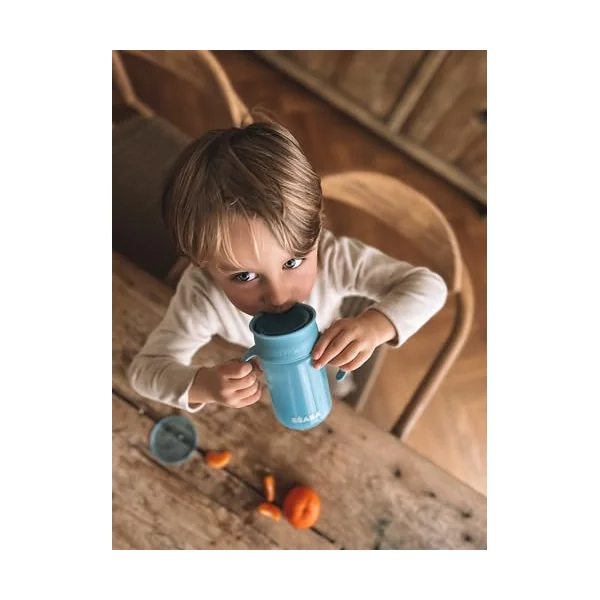 BEABA, 360° Training Cup with Anti-Drip Disc, Patented Anti-Leak System, from 12 Months, Removable Handles, with Hygienic Lid, Strong and Light, 340 ml, Blue