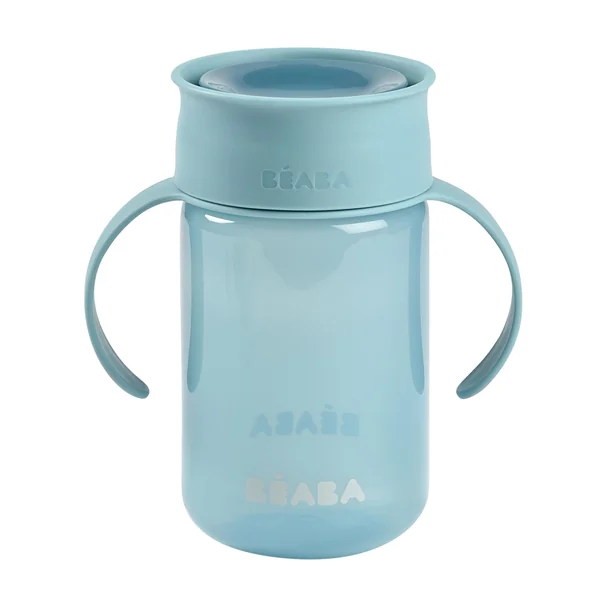 BEABA, 360° Training Cup with Anti-Drip Disc, Patented Anti-Leak System, from 12 Months, Removable Handles, with Hygienic Lid, Strong and Light, 340 ml, Blue