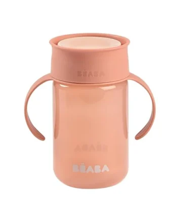 BEABA, 360° Training Cup with Anti-Drip Disc, Patented Anti-Leak System, from 12 Months, Removable Handles, with Hygienic Lid, Strong and Light, 340 ml, Pink