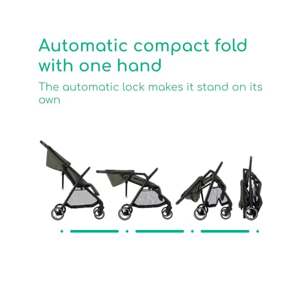 Bebeconfort Azur, Compact Baby Stroller, 0-3 Years (15 kg), Lightweight Baby Pushchair, Automatic One Hand Fold, Stepless Recline to Lie-Flat, Spacious Basket, Mineral Green