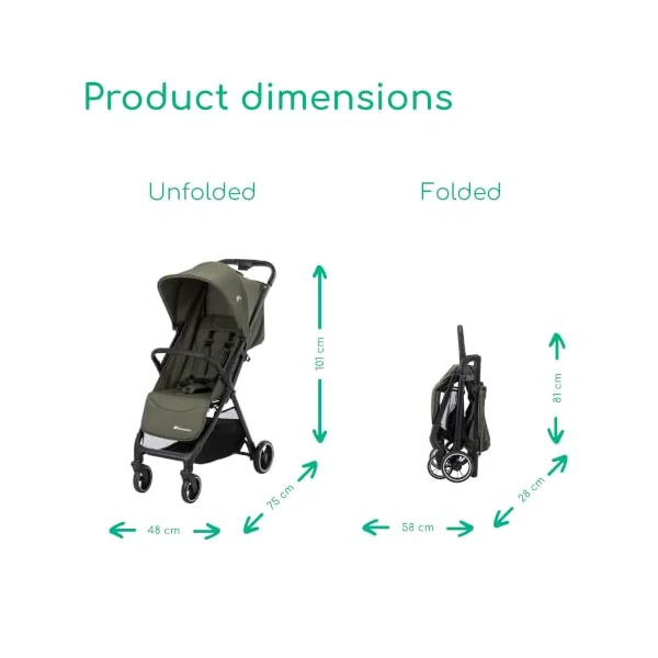 Bebeconfort Azur, Compact Baby Stroller, 0-3 Years (15 kg), Lightweight Baby Pushchair, Automatic One Hand Fold, Stepless Recline to Lie-Flat, Spacious Basket, Mineral Green
