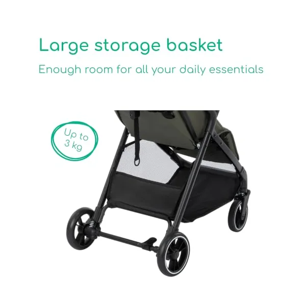 Bebeconfort Azur, Compact Baby Stroller, 0-3 Years (15 kg), Lightweight Baby Pushchair, Automatic One Hand Fold, Stepless Recline to Lie-Flat, Spacious Basket, Mineral Green