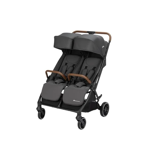 Bebeconfort Mane, Twin Pram, 0+ up to 22kg, Automatic Fold, Lie-Flat Seat, Pivotable Bumper Bars, 5-Point Harness, Mesh Window, Included Rain Cover, Shopping Bag (8 kg), Mineral Graphite