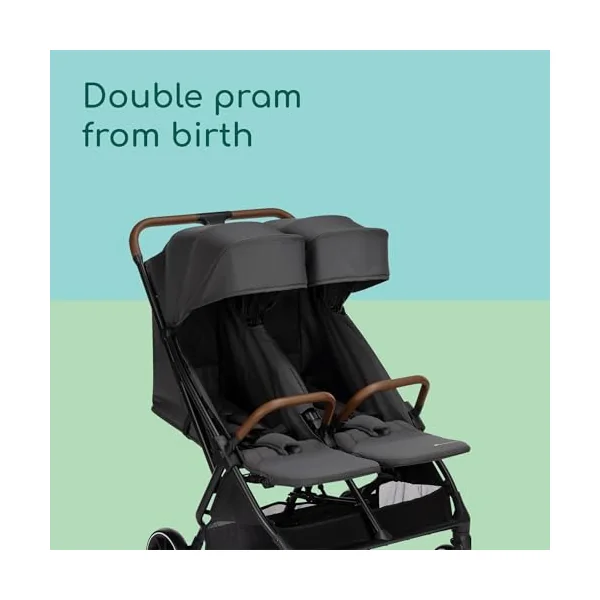 Bebeconfort Mane, Twin Pram, 0+ up to 22kg, Automatic Fold, Lie-Flat Seat, Pivotable Bumper Bars, 5-Point Harness, Mesh Window, Included Rain Cover, Shopping Bag (8 kg), Mineral Graphite