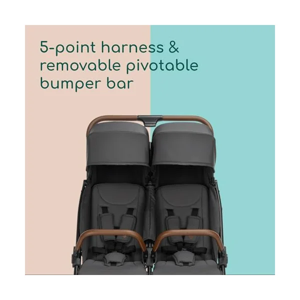 Bebeconfort Mane, Twin Pram, 0+ up to 22kg, Automatic Fold, Lie-Flat Seat, Pivotable Bumper Bars, 5-Point Harness, Mesh Window, Included Rain Cover, Shopping Bag (8 kg), Mineral Graphite