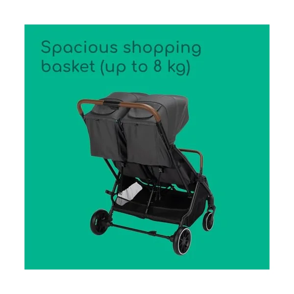 Bebeconfort Mane, Twin Pram, 0+ up to 22kg, Automatic Fold, Lie-Flat Seat, Pivotable Bumper Bars, 5-Point Harness, Mesh Window, Included Rain Cover, Shopping Bag (8 kg), Mineral Graphite