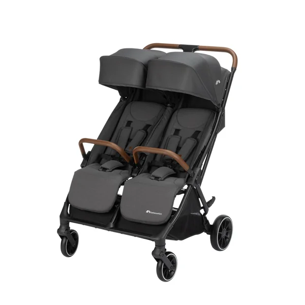 Bebeconfort Mane, Twin Pram, 0+ up to 22kg, Automatic Fold, Lie-Flat Seat, Pivotable Bumper Bars, 5-Point Harness, Mesh Window, Included Rain Cover, Shopping Bag (8 kg), Mineral Graphite