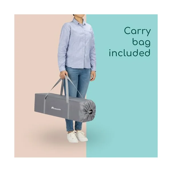 Bebeconfort Sweet Dreams Travel Cot 0-3 years (0-15 kg), Lightweight Baby Cot Ready for Travel, Large Padded Mattress, Side Entry Window, Easy Compact Folding, Included Carry Bag, Mineral Grey