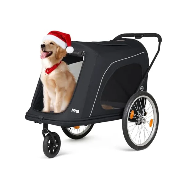 Beberoad Pets R8 Extra Large Foldable Pet Stroller, Dog Stroller & Pet Trailer for Large Dogs Under 100 lbs, Unmovable, Disabled & Pregnant Dogs - Conveniently Carriable by Bike and Car, Black