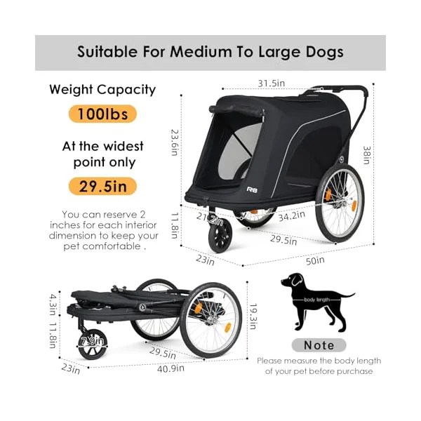 Beberoad Pets R8 Extra Large Foldable Pet Stroller, Dog Stroller & Pet Trailer for Large Dogs Under 100 lbs, Unmovable, Disabled & Pregnant Dogs - Conveniently Carriable by Bike and Car, Black