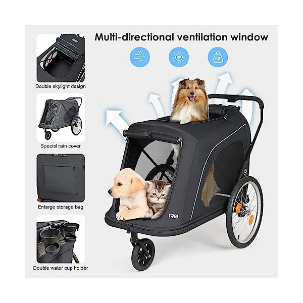Beberoad Pets R8 Extra Large Foldable Pet Stroller, Dog Stroller & Pet Trailer for Large Dogs Under 100 lbs, Unmovable, Disabled & Pregnant Dogs - Conveniently Carriable by Bike and Car, Black