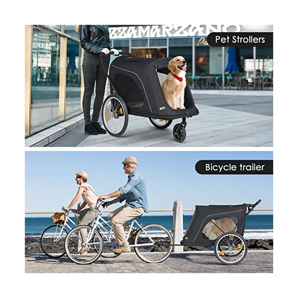 Beberoad Pets R8 Extra Large Foldable Pet Stroller, Dog Stroller & Pet Trailer for Large Dogs Under 100 lbs, Unmovable, Disabled & Pregnant Dogs - Conveniently Carriable by Bike and Car, Black
