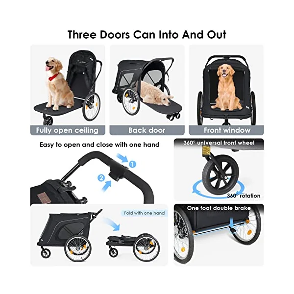 Beberoad Pets R8 Extra Large Foldable Pet Stroller, Dog Stroller & Pet Trailer for Large Dogs Under 100 lbs, Unmovable, Disabled & Pregnant Dogs - Conveniently Carriable by Bike and Car, Black