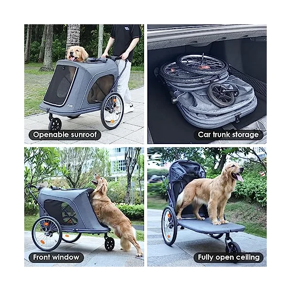Beberoad Pets R8 Extra Large Foldable Pet Stroller, Dog Stroller & Pet Trailer for Large Dogs Under 100 lbs, Unmovable, Disabled & Pregnant Dogs - Conveniently Carriable by Bike and Car, Black