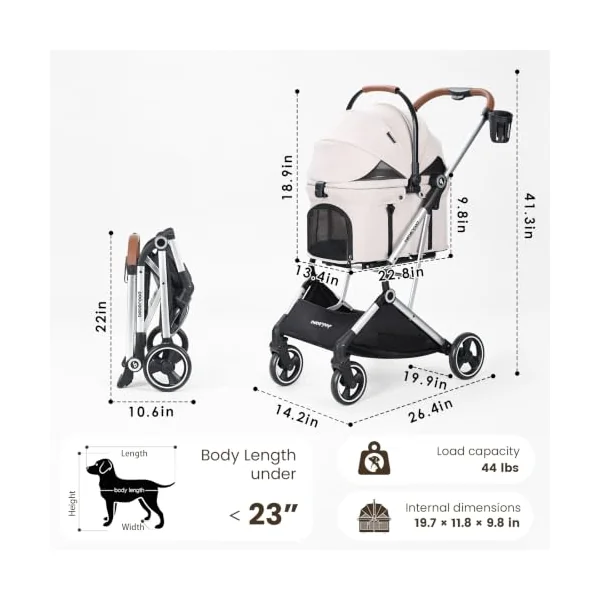 Beberoad T3 Pro 3-in-1 Pet Stroller Dog Pram for Small Medium Dogs Cats | Foldable Pet Pram Dog Pushchair Detachable Carrier, with Pad & Cup Holder, Frosted Frame and Upgraded Fabric, Beige