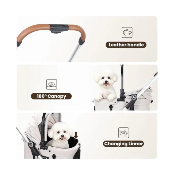 Beberoad T3 Pro 3-in-1 Pet Stroller Dog Pram for Small Medium Dogs Cats | Foldable Pet Pram Dog Pushchair Detachable Carrier, with Pad & Cup Holder, Frosted Frame and Upgraded Fabric, Beige