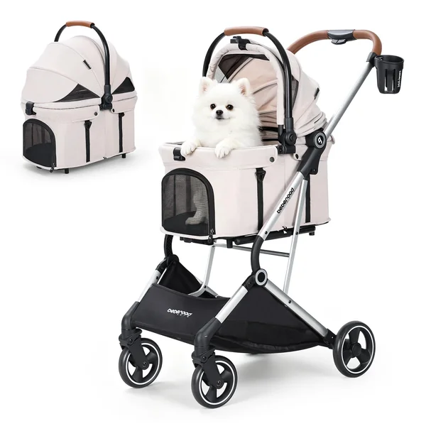 Beberoad T3 Pro 3-in-1 Pet Stroller Dog Pram for Small Medium Dogs Cats | Foldable Pet Pram Dog Pushchair Detachable Carrier, with Pad & Cup Holder, Frosted Frame and Upgraded Fabric, Beige