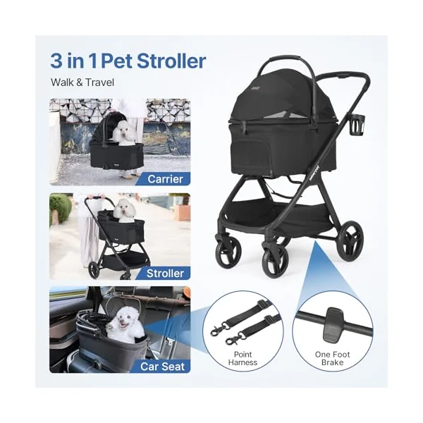 Beberoad X-5 Luxury Pet Stroller for Medium Pets Up to 25kg, Black | Dog Pram for 2 Small Pets, 3-in-1 Detachable Carrier & Car Seat, One-Touch Fold, All-Terrain Pushchair, Adjustable Handle