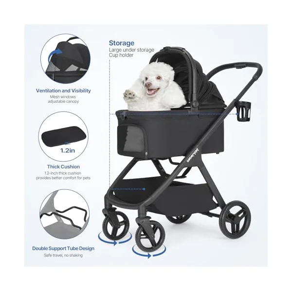 Beberoad X-5 Luxury Pet Stroller for Medium Pets Up to 25kg, Black | Dog Pram for 2 Small Pets, 3-in-1 Detachable Carrier & Car Seat, One-Touch Fold, All-Terrain Pushchair, Adjustable Handle