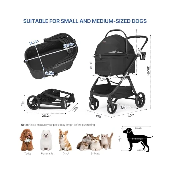 Beberoad X-5 Luxury Pet Stroller for Medium Pets Up to 25kg, Black | Dog Pram for 2 Small Pets, 3-in-1 Detachable Carrier & Car Seat, One-Touch Fold, All-Terrain Pushchair, Adjustable Handle