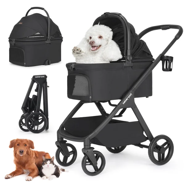 Beberoad X-5 Luxury Pet Stroller for Medium Pets Up to 25kg, Black | Dog Pram for 2 Small Pets, 3-in-1 Detachable Carrier & Car Seat, One-Touch Fold, All-Terrain Pushchair, Adjustable Handle